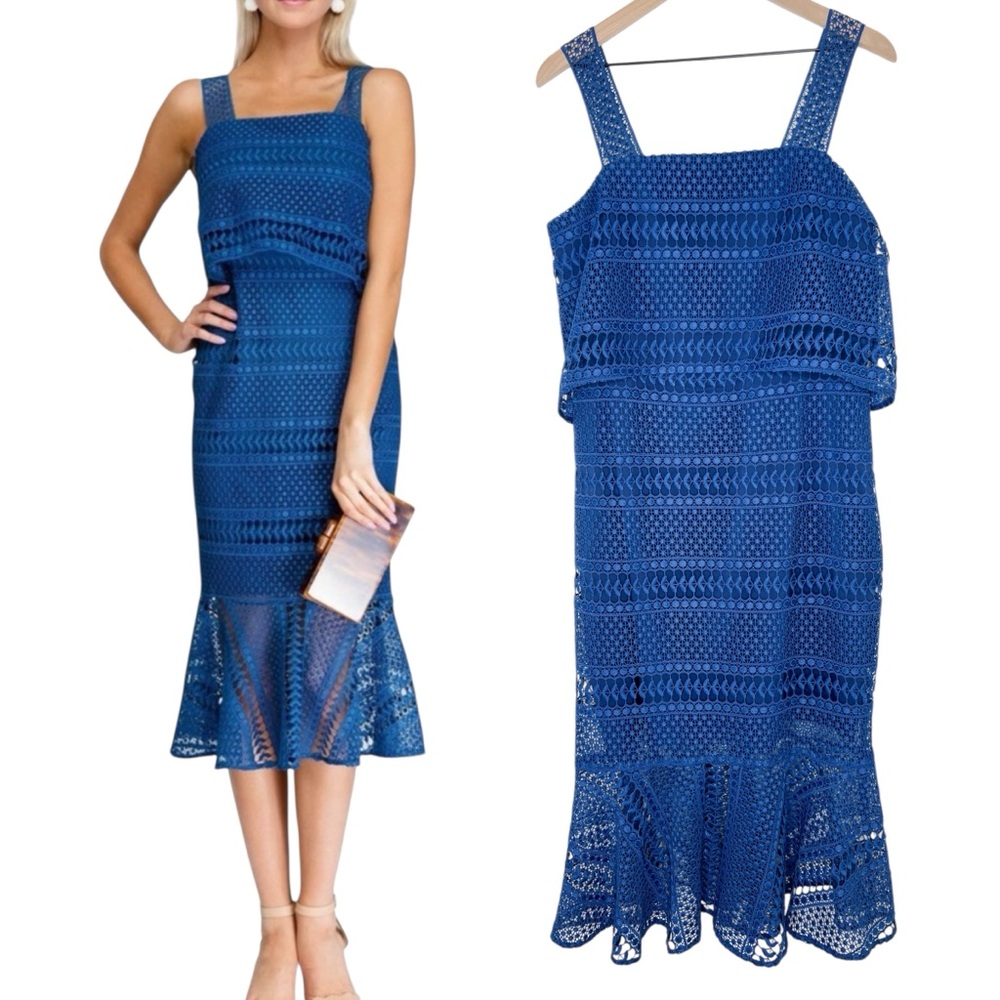 Shoshanna Dunham Midi Dress Indigo Blue Lace size 10